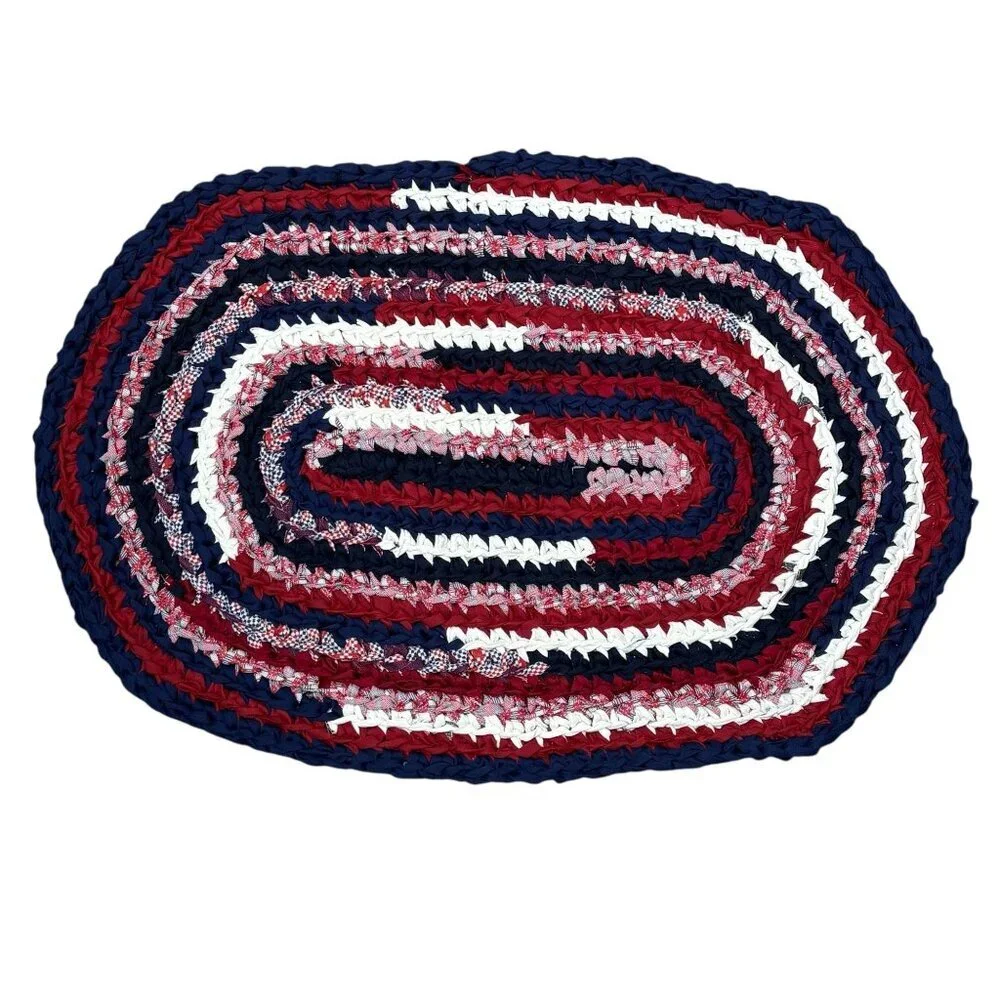 Handmade Knot Rug Oval Rag Rug Red White Blue